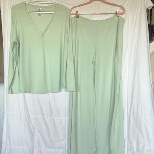 Athleta Wind Down Sleep Set Waffle Henley & Jogger Pants Floutite Green  XL 1X
